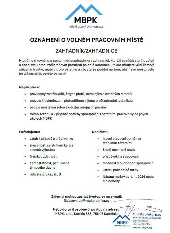 Oznámení o volném pracovním místě - ZAHRADNIK/ ZAHRADNICE -HPP - fotografie 1
